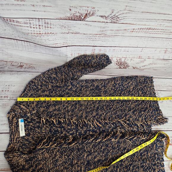 Anthropologie Sparrow Knit Cardigan M Navy Tan Fringe Boho Sweater with Pockets - Picture 11 of 13